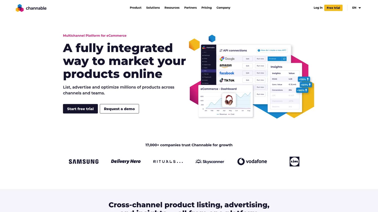 Channable interface showing product feed management and marketplace automation