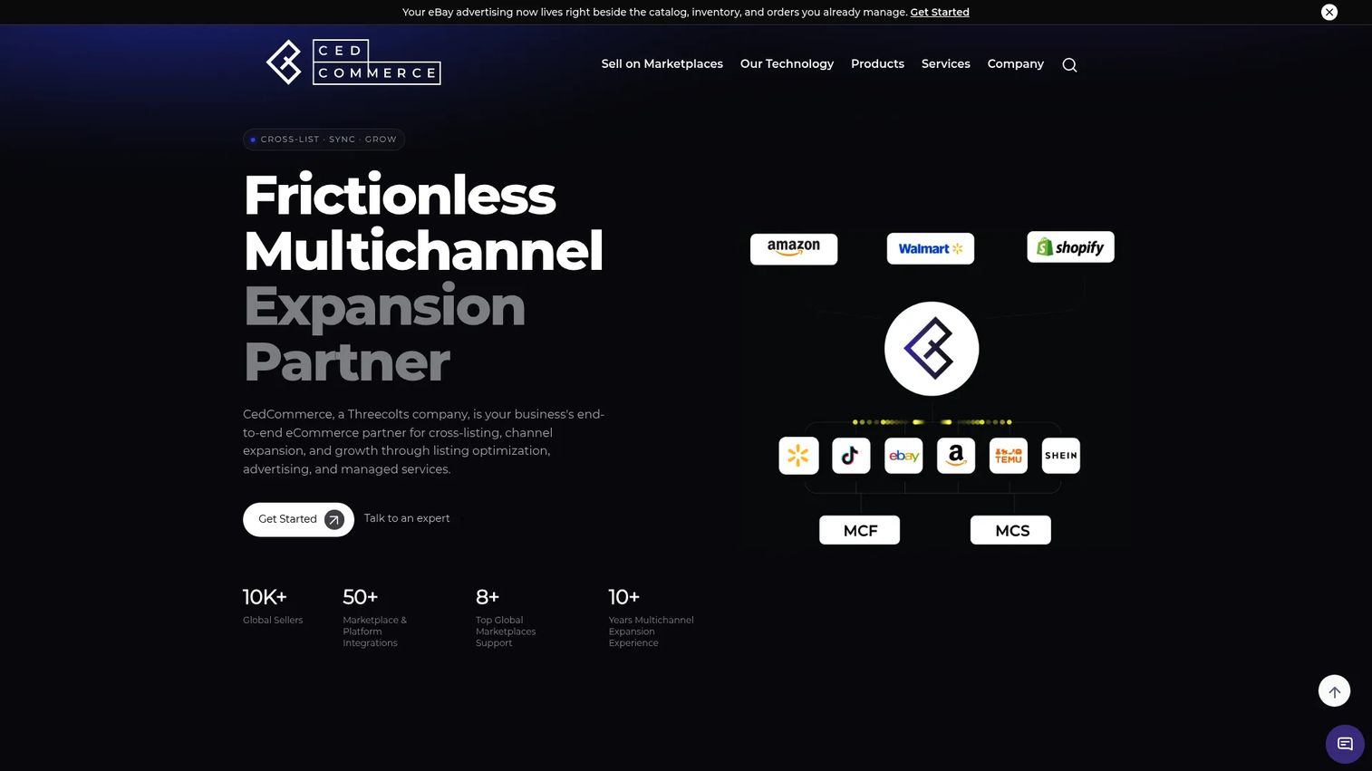 CedCommerce homepage showing marketplace integration apps and ecommerce services