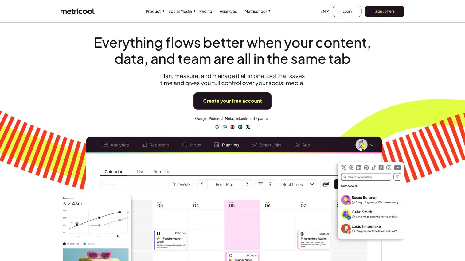 Metricool analytics and planning dashboard