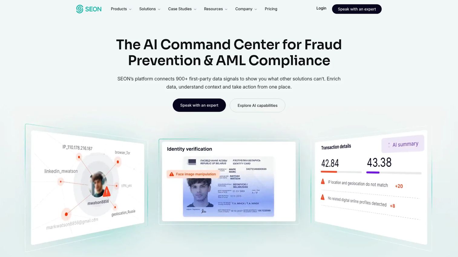 SEON fraud prevention and AML platform homepage