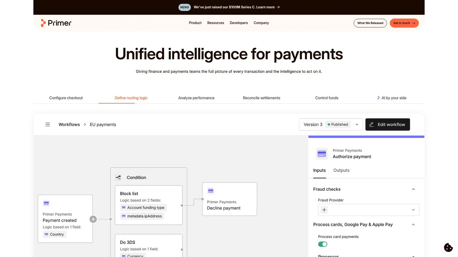 Primer unified payments infrastructure homepage