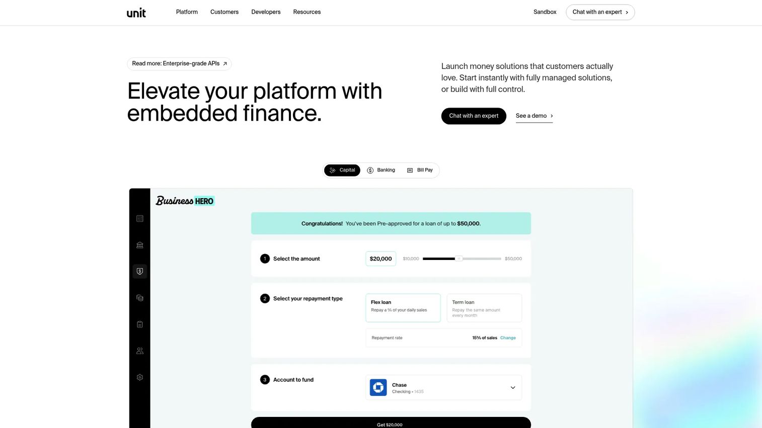 Unit embedded finance platform homepage