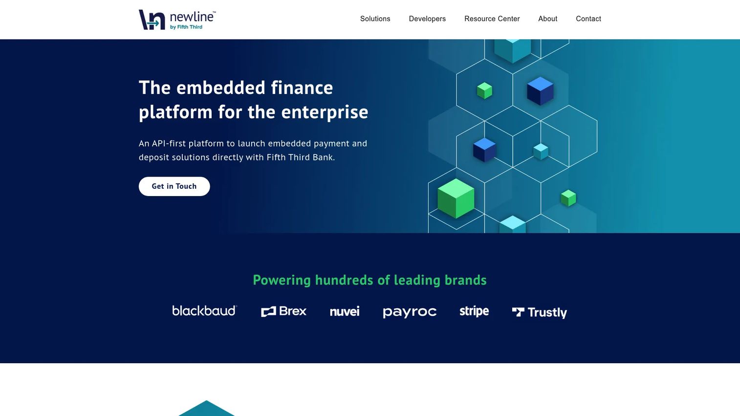 Newline by Fifth Third embedded finance platform homepage