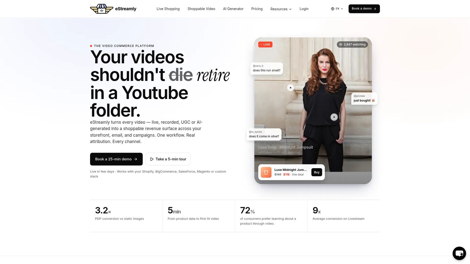 eStreamly shoppable video and livestream commerce platform homepage