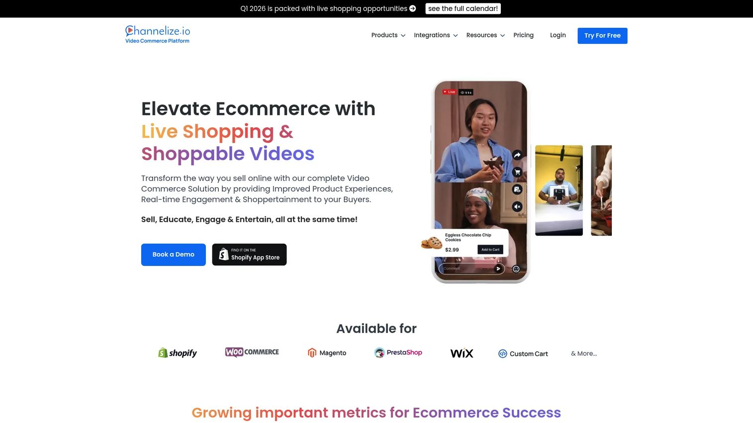 Channelize.io live shopping and shoppable video platform homepage