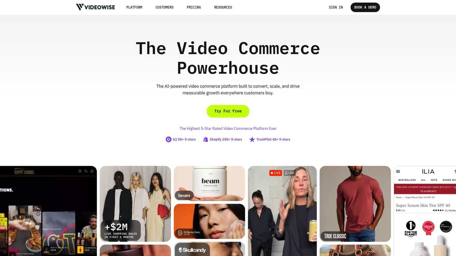Videowise end-to-end video commerce platform homepage