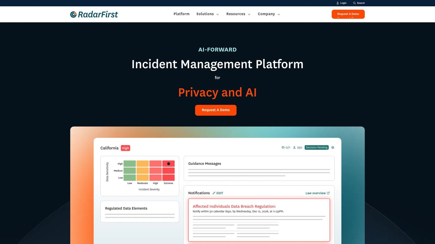 RadarFirst regulatory risk management platform homepage