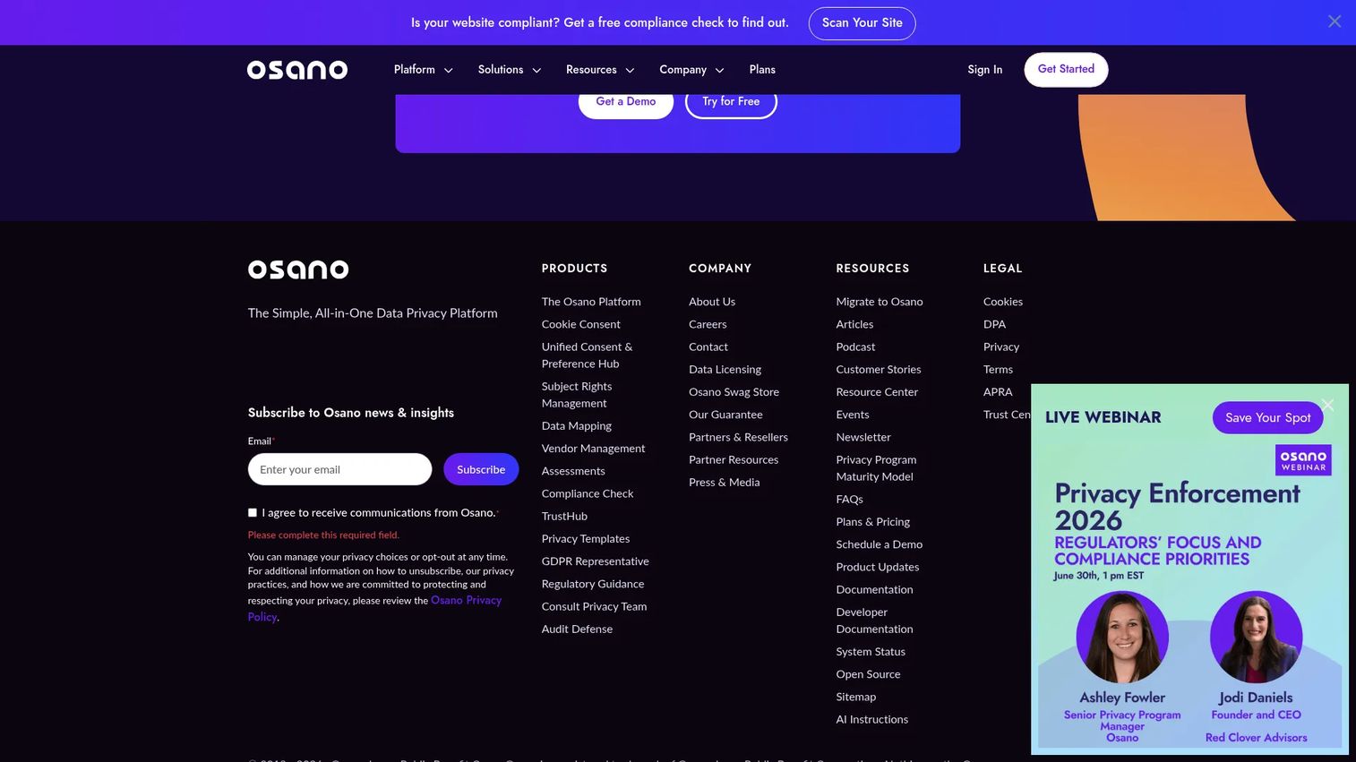Osano data privacy platform homepage