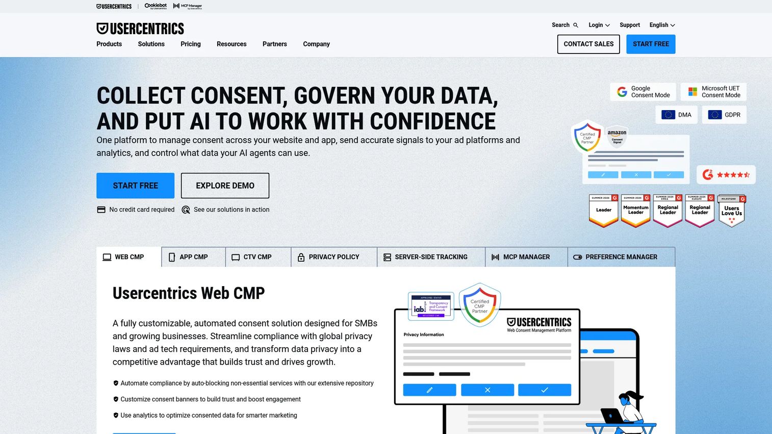 Usercentrics consent management platform homepage