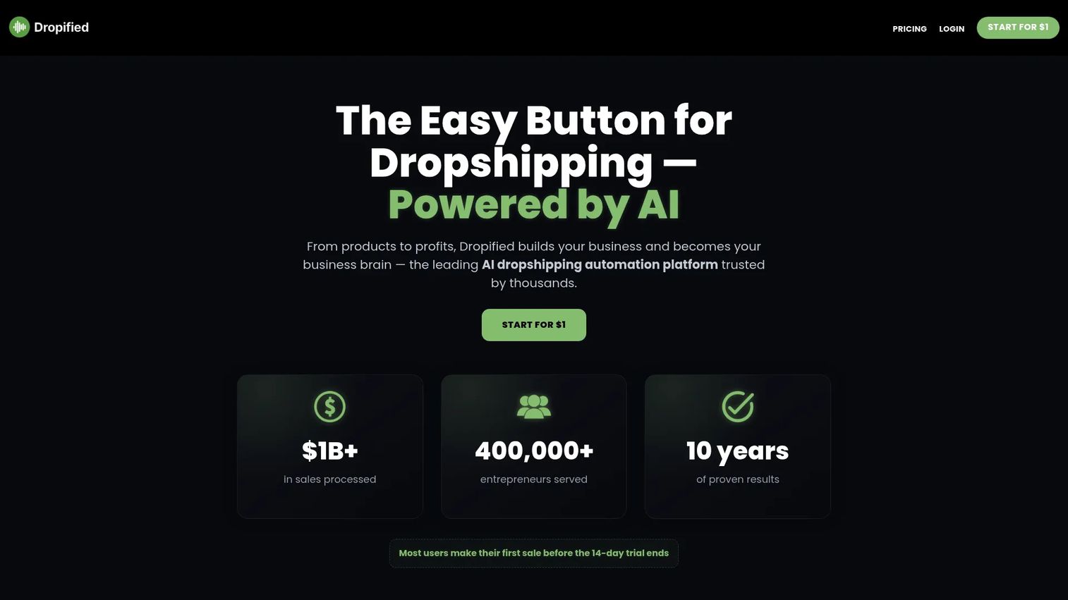 Dropified dropshipping automation software homepage