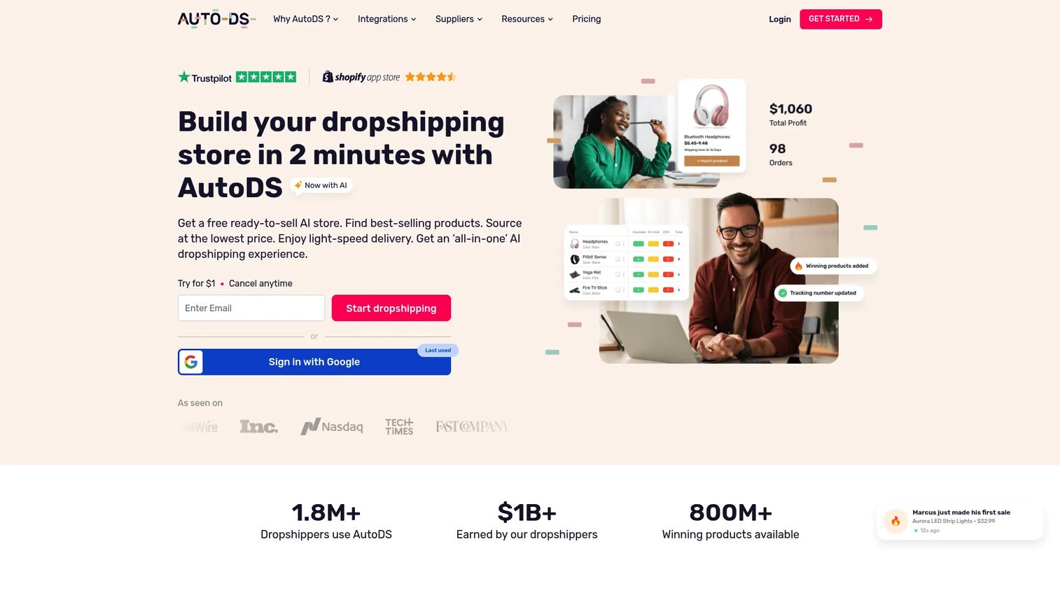 AutoDS all-in-one dropshipping platform homepage