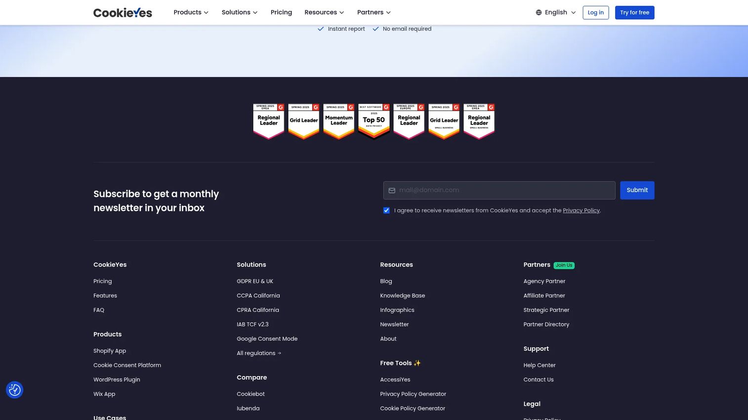 CookieYes cookie consent banner homepage