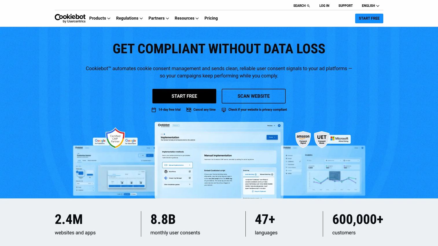 Cookiebot cookie consent management homepage