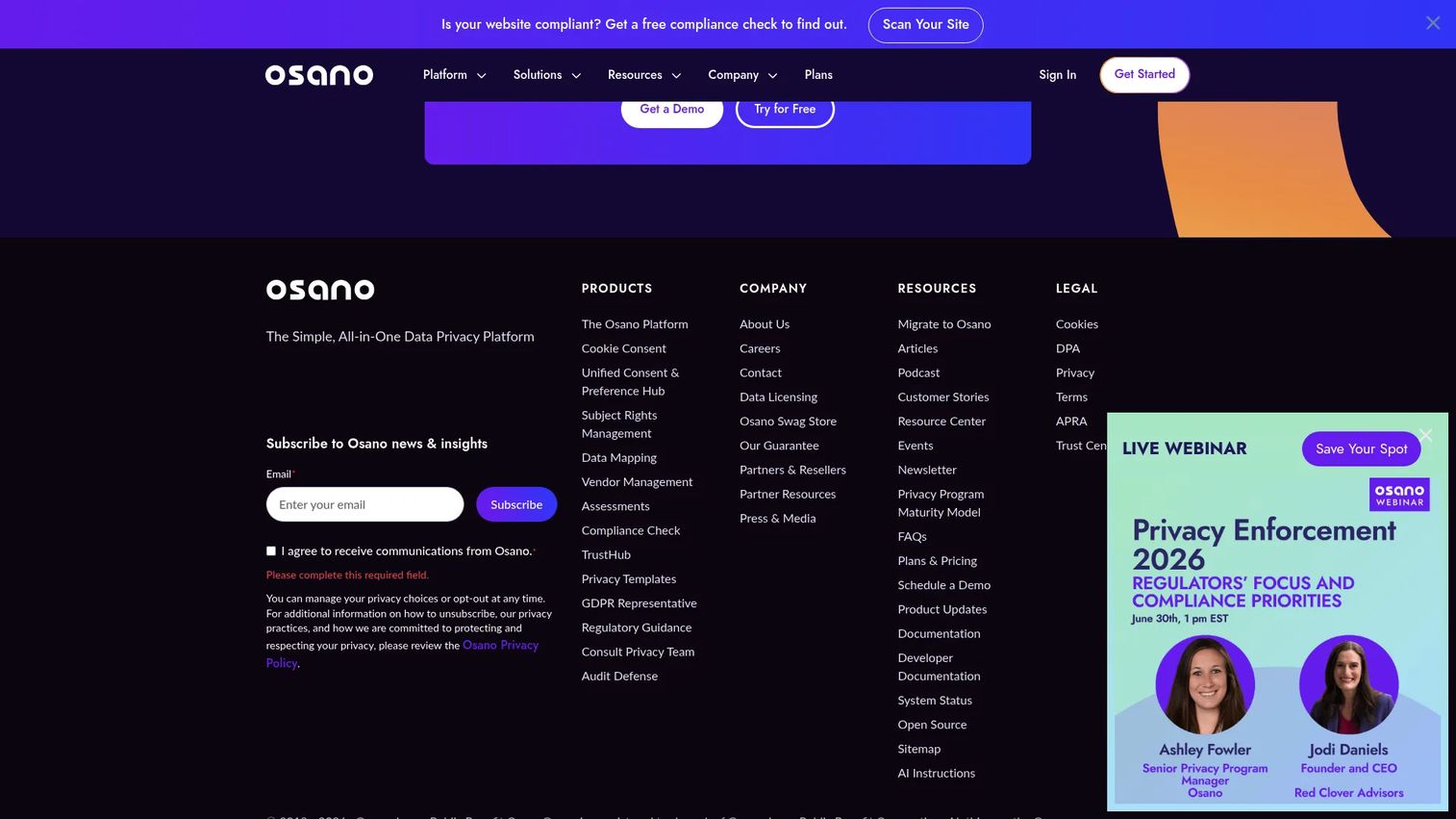 Osano privacy management platform homepage