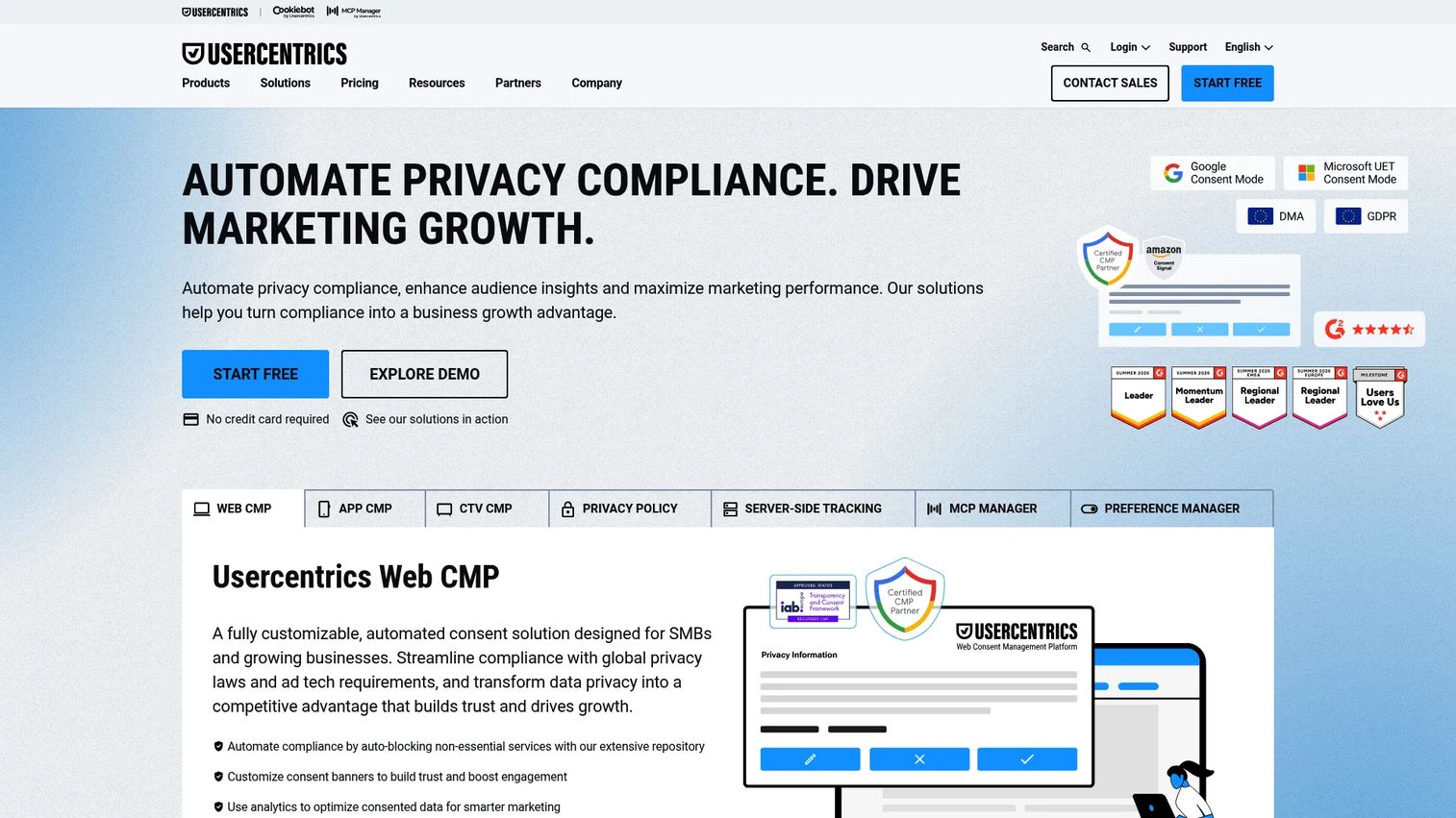Usercentrics consent management software homepage