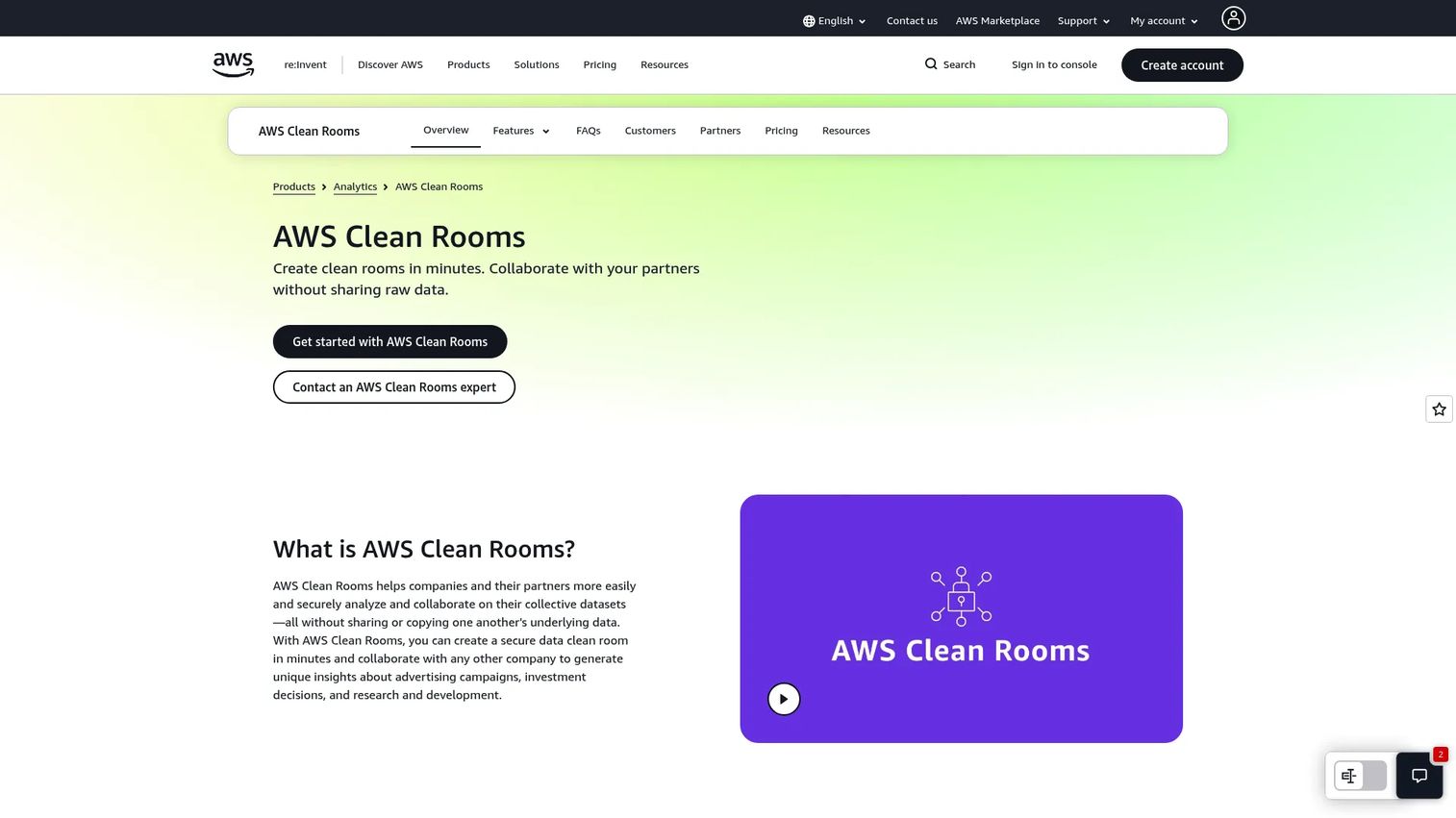 AWS Clean Rooms homepage