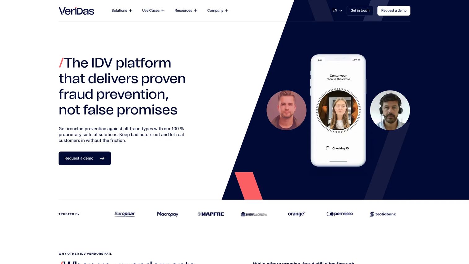 Veridas identity verification and biometric platform homepage