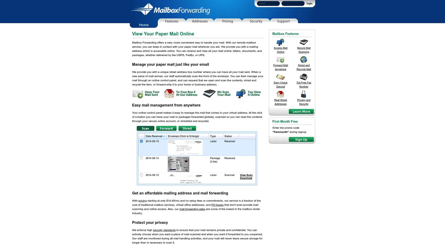 Mailbox Forwarding virtual mailbox homepage