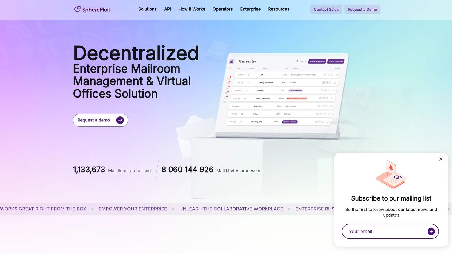 SphereMail mailroom management platform homepage