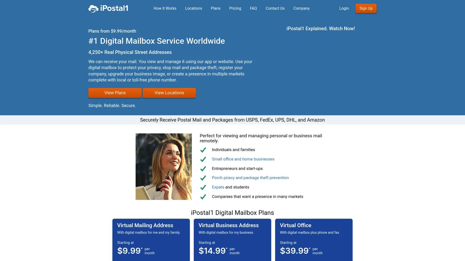 iPostal1 virtual mailbox homepage