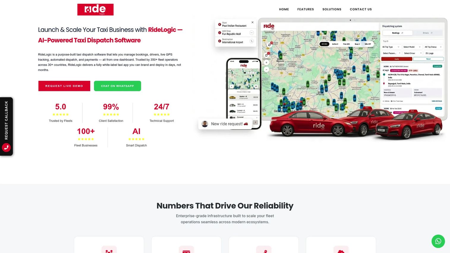 RideLogic taxi dispatch and white-label ride hailing software homepage