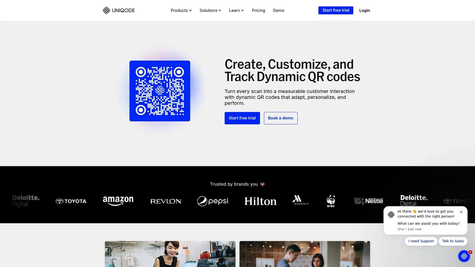 Uniqode QR code and digital business card platform homepage