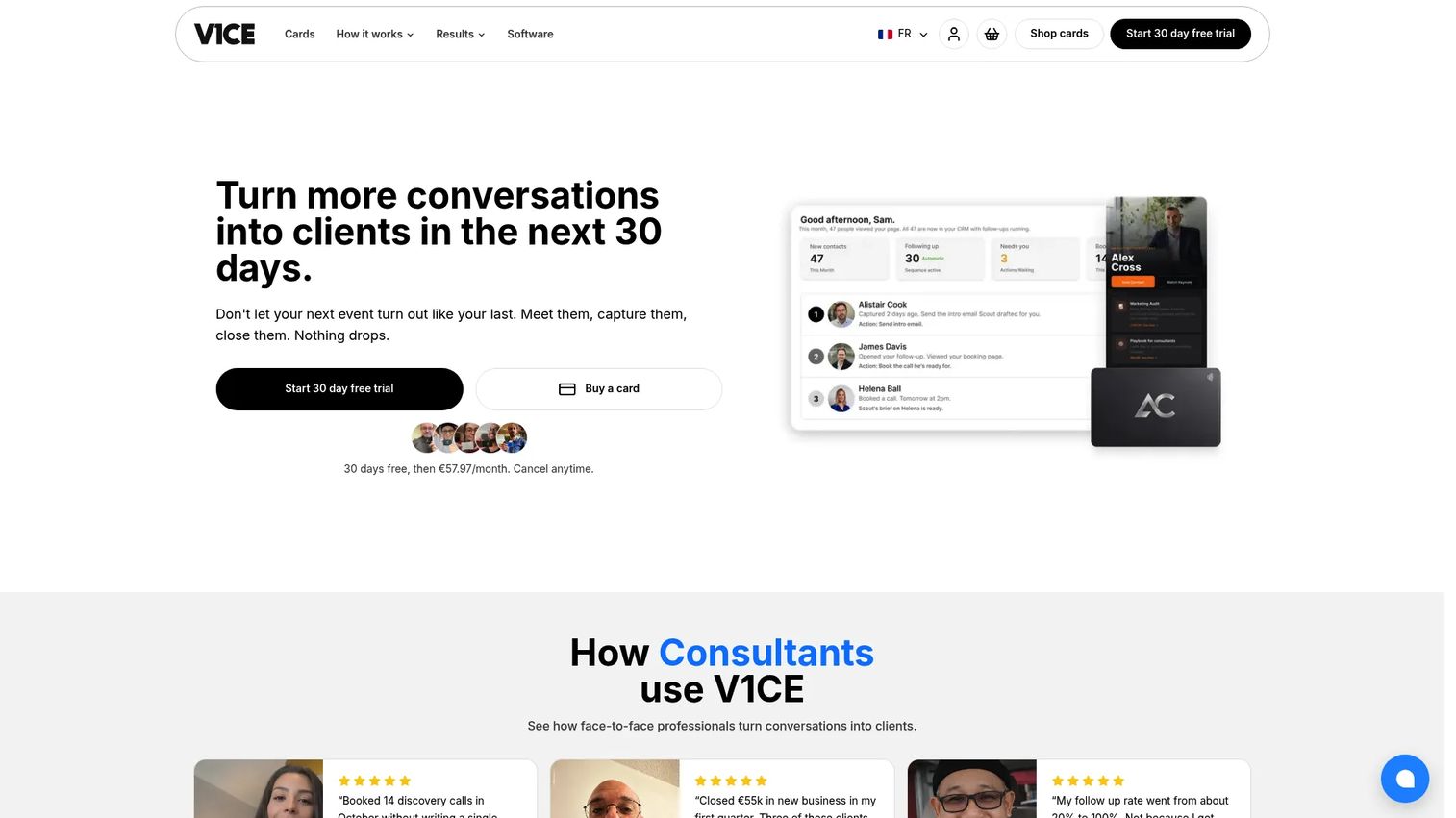 V1CE digital business card and client capture platform homepage