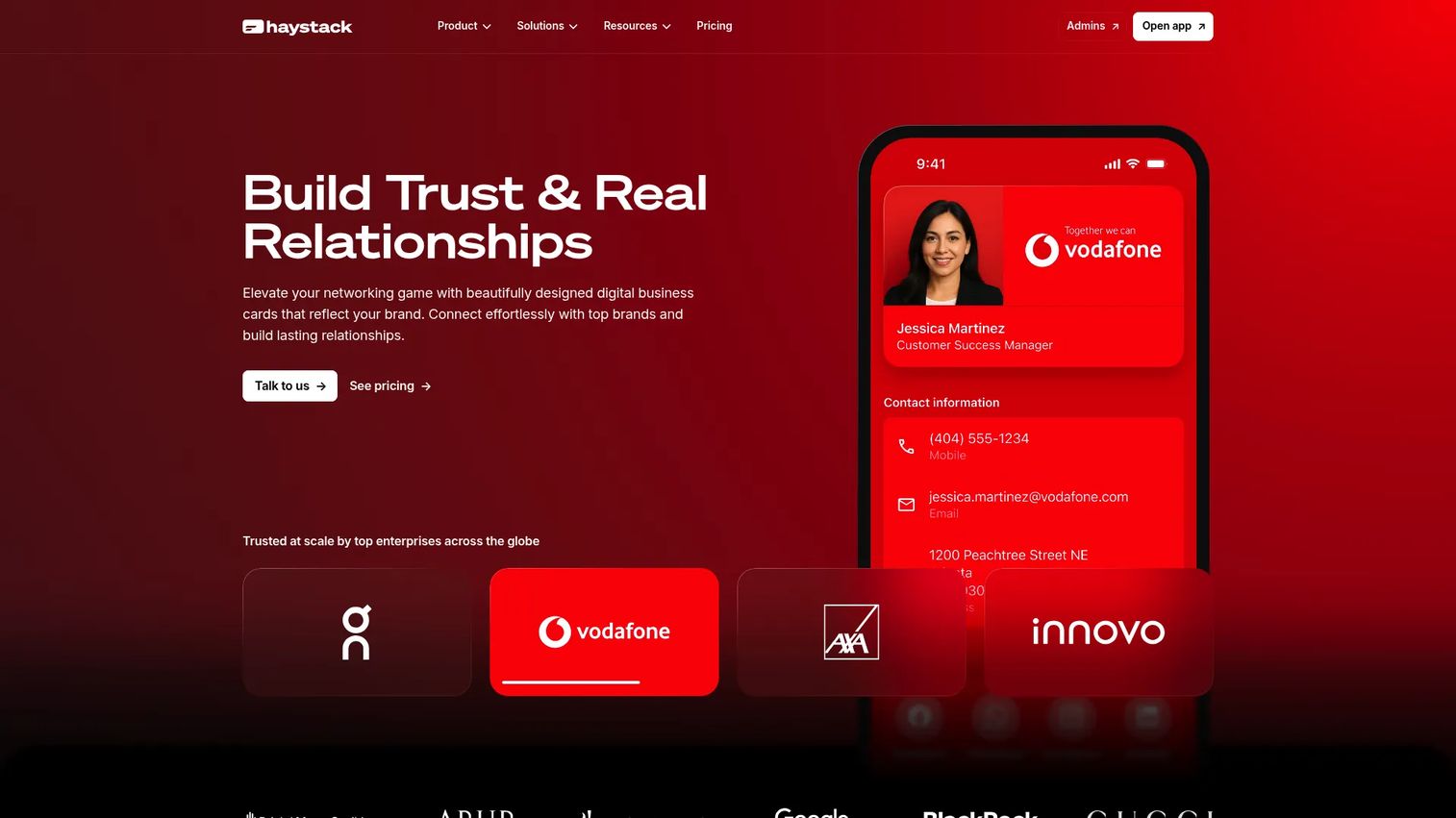 Haystack digital business card and contact management platform homepage
