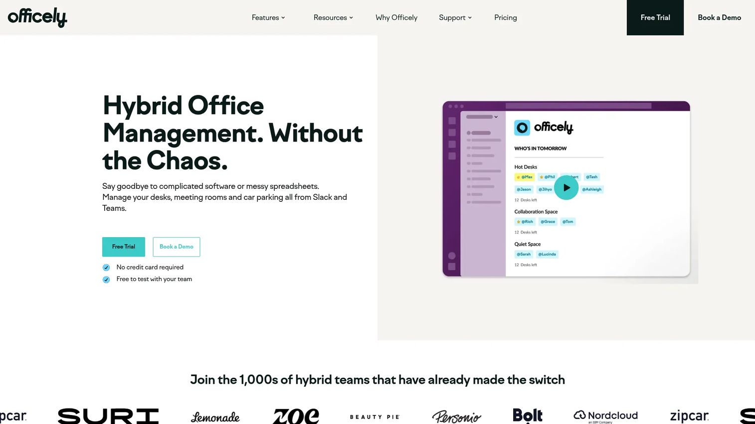 Officely Slack and Teams office booking interface