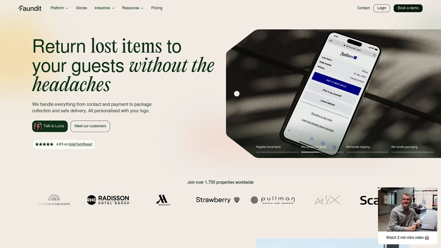 Faundit branded lost and found return platform interface