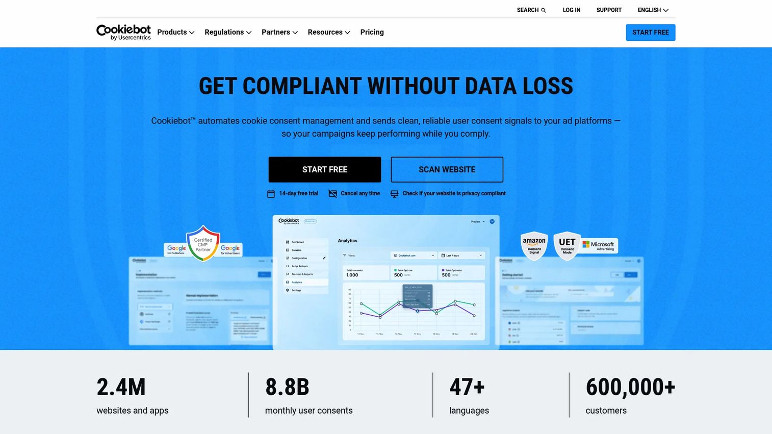 Cookiebot by Usercentrics consent management homepage