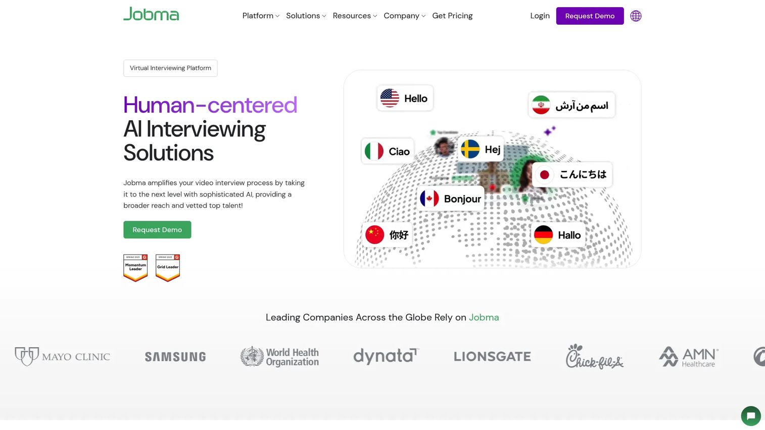 Jobma AI video interviewing platform homepage