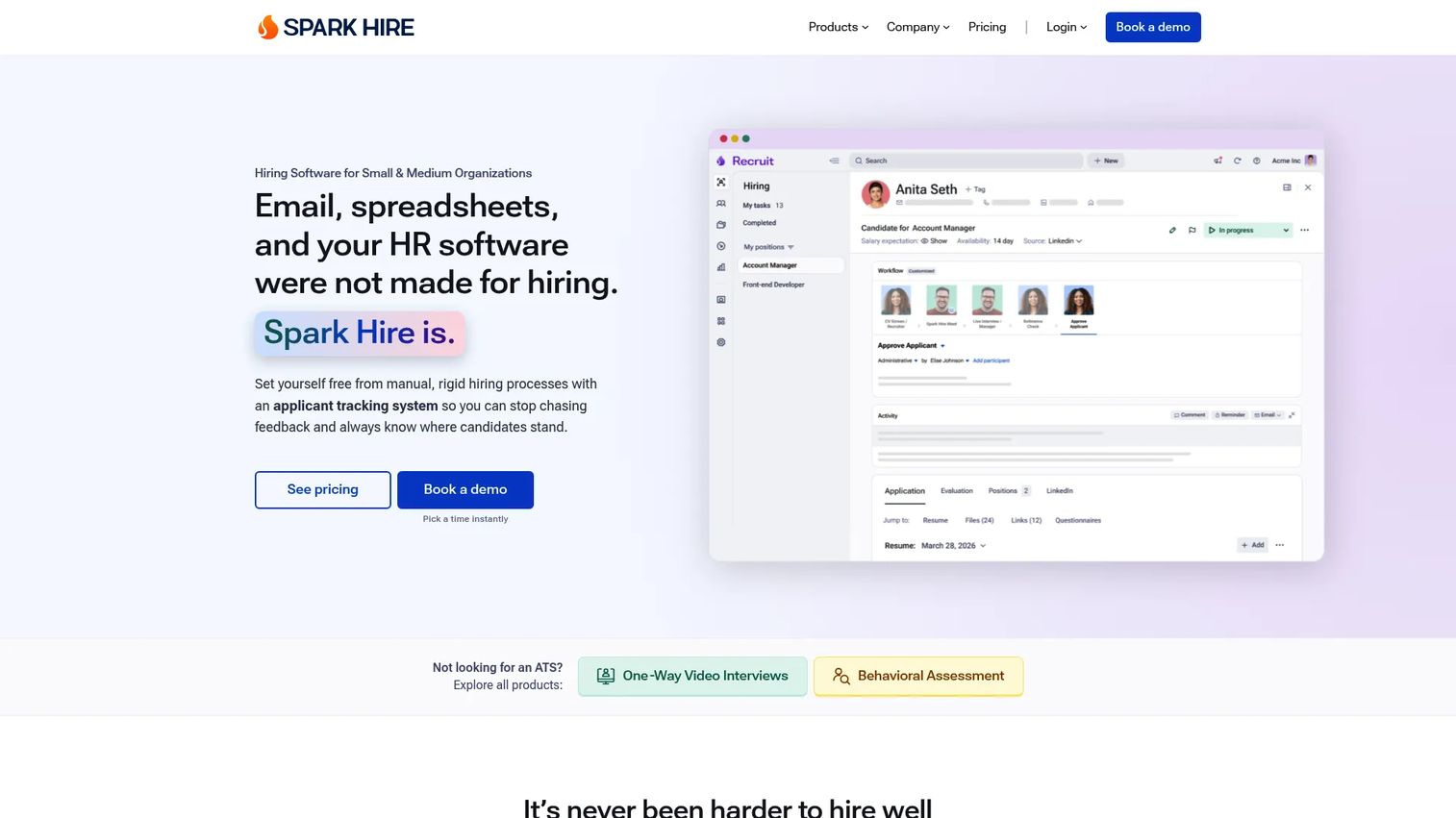 Spark Hire video interviewing and ATS platform homepage