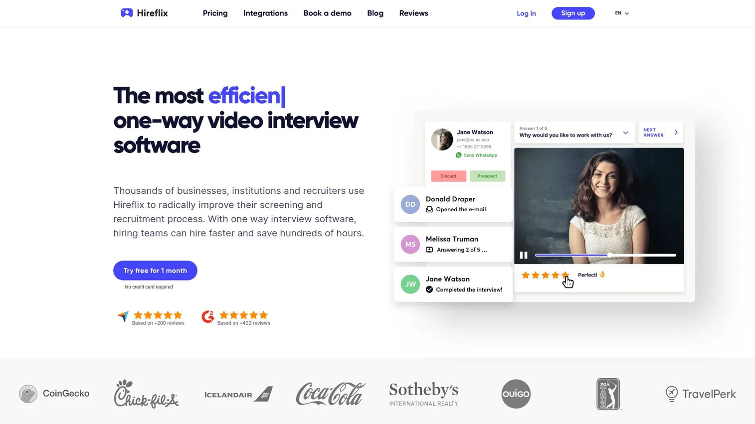 Hireflix one-way video interviewing platform homepage