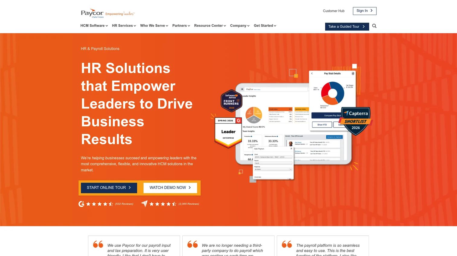 Paycor HR and payroll software homepage