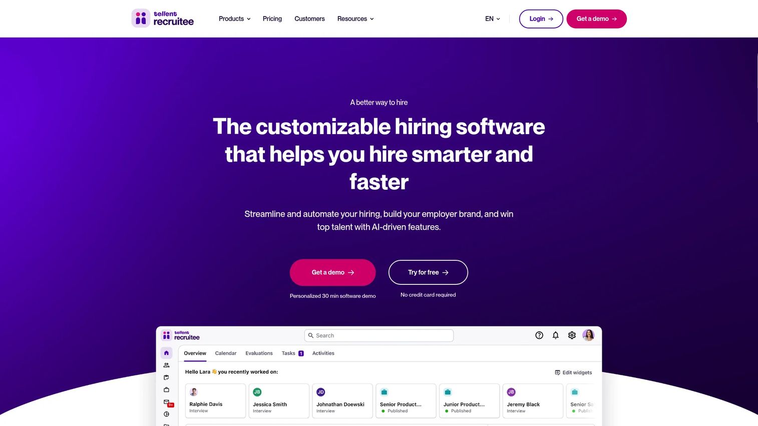 Recruitee collaborative hiring software homepage