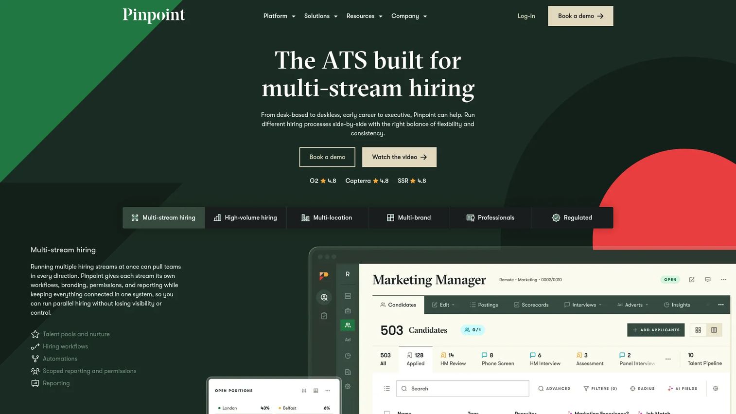 Pinpoint applicant tracking system homepage