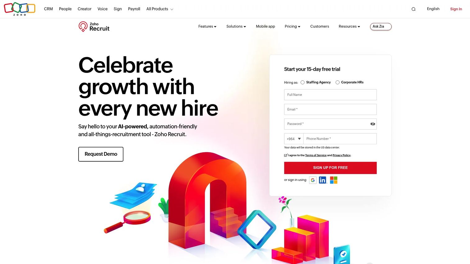 Zoho Recruit applicant tracking and recruitment CRM homepage