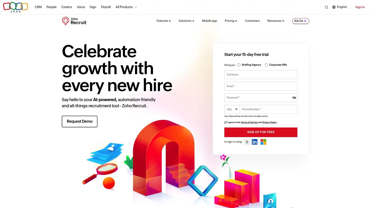 Zoho Recruit ATS homepage