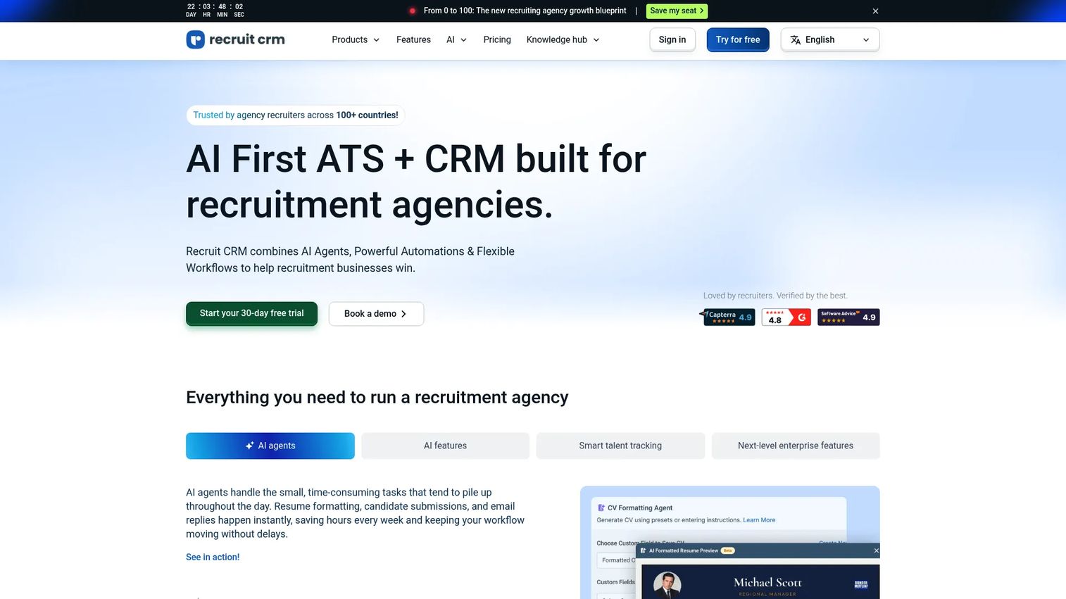 Recruit CRM ATS and CRM homepage