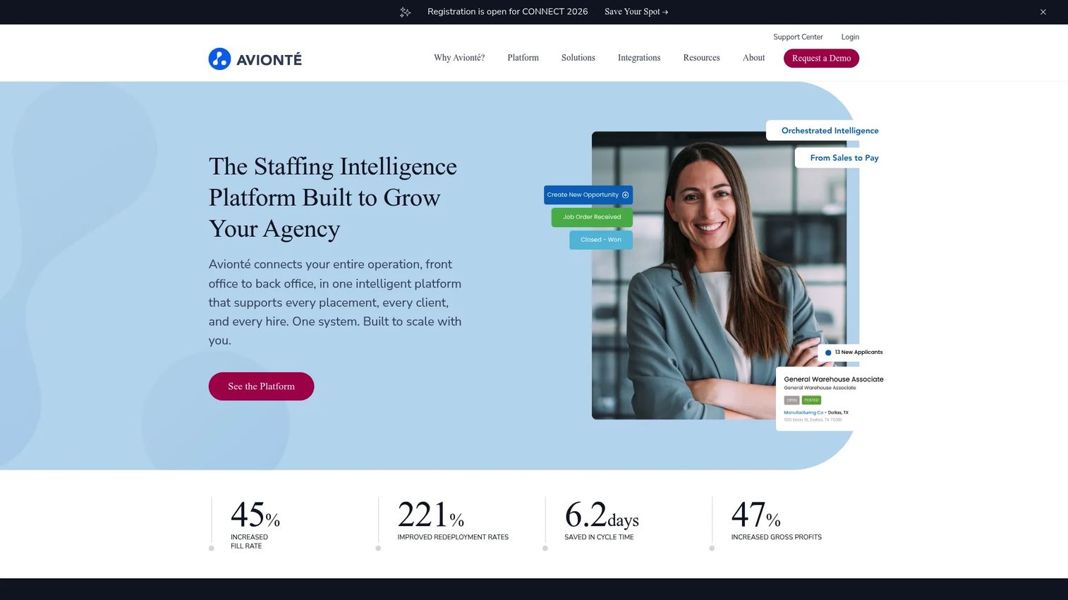 Avionté staffing software homepage