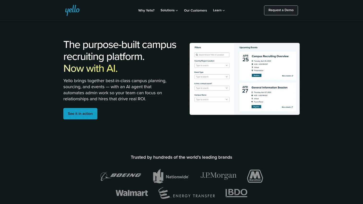Yello campus and early-talent recruiting platform homepage