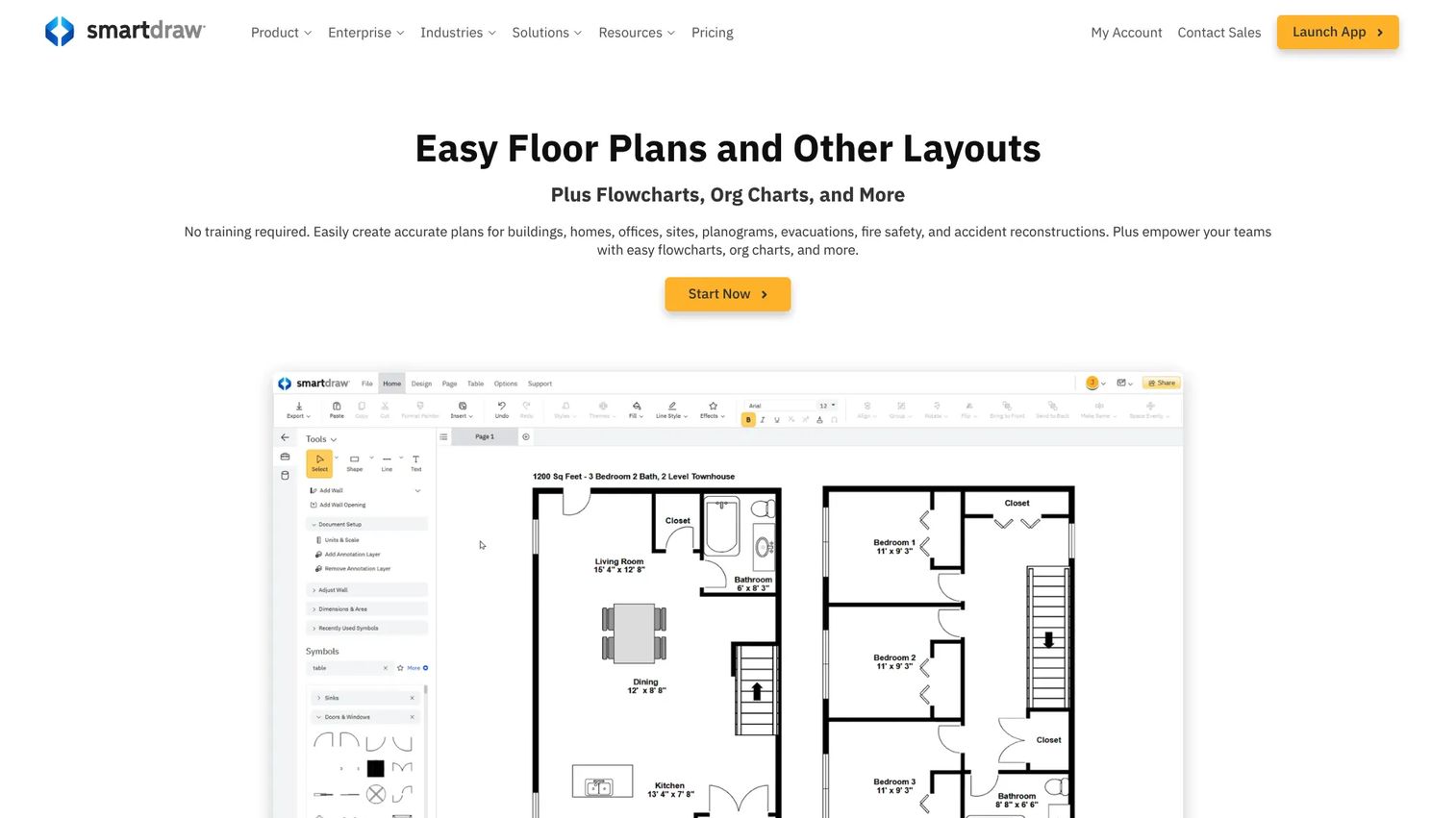 SmartDraw diagramming software homepage showing org chart and floor plan examples