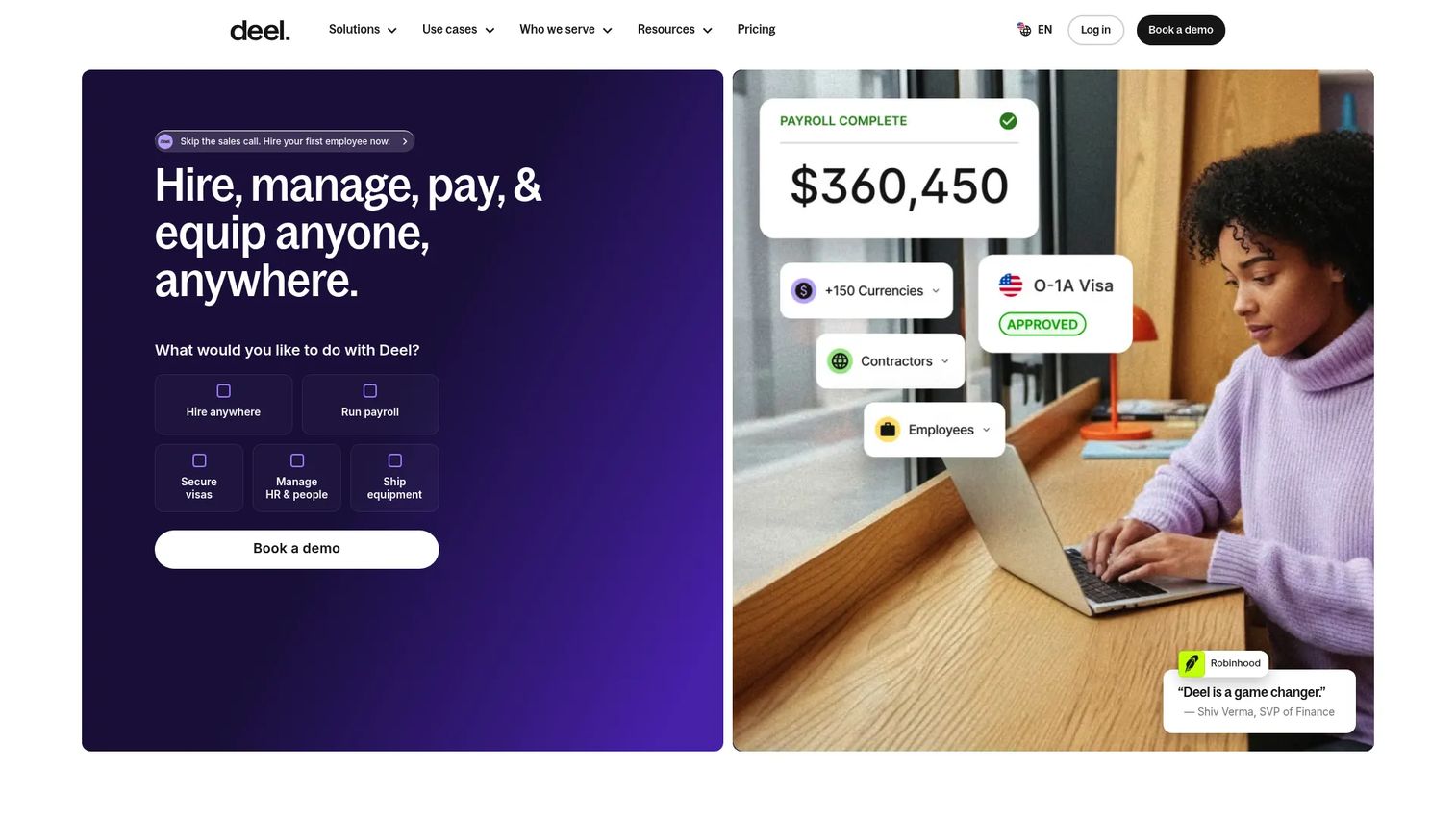 Deel global HR and payroll platform homepage