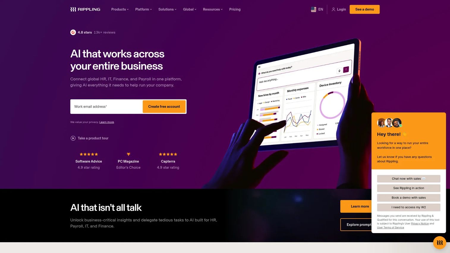 Rippling all-in-one HR, payroll, and IT platform homepage