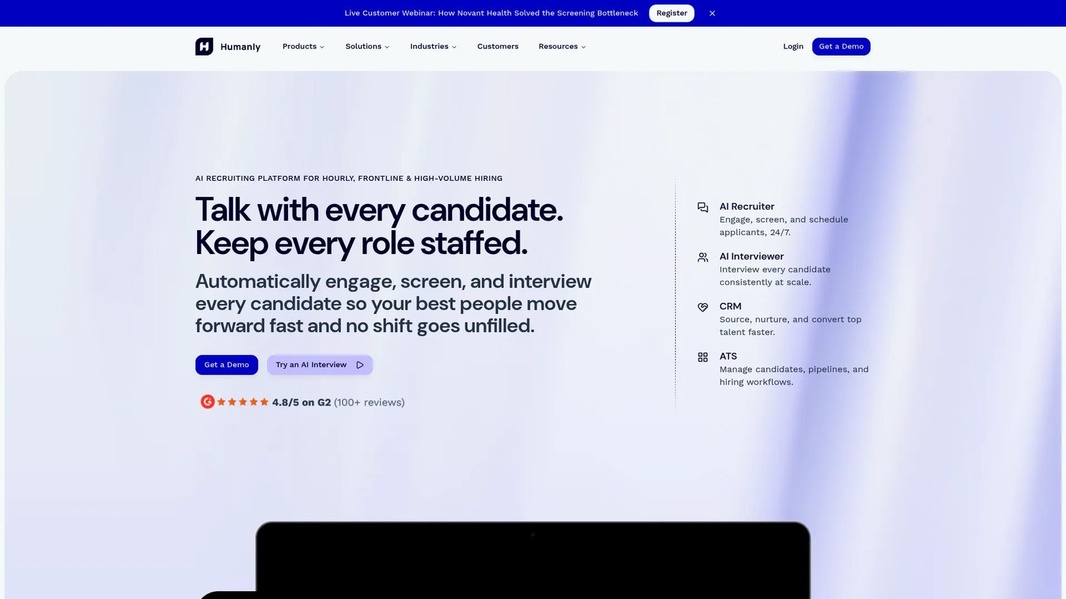 Humanly AI recruiting platform homepage