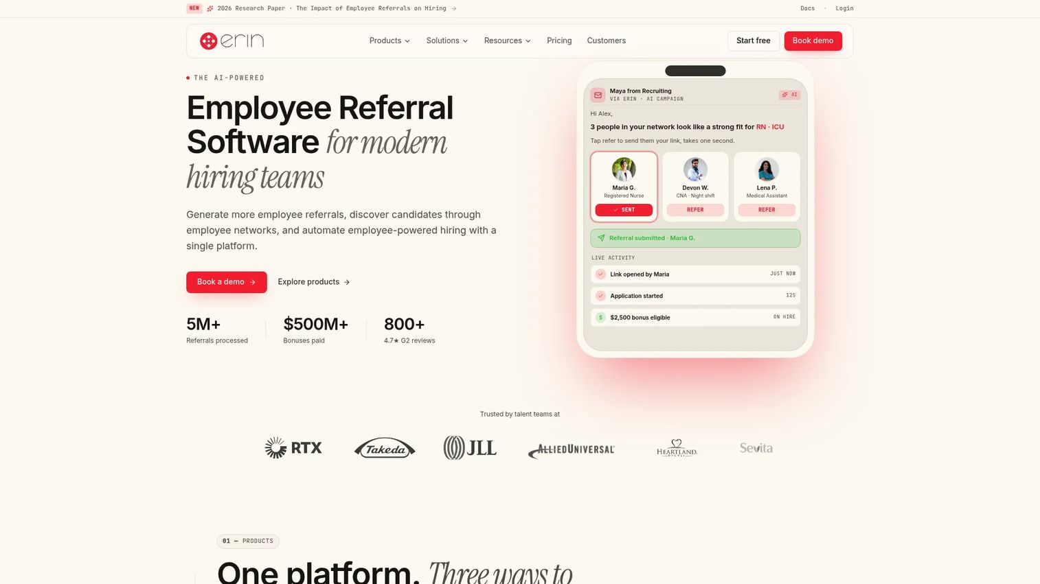 ERIN employee referral software homepage