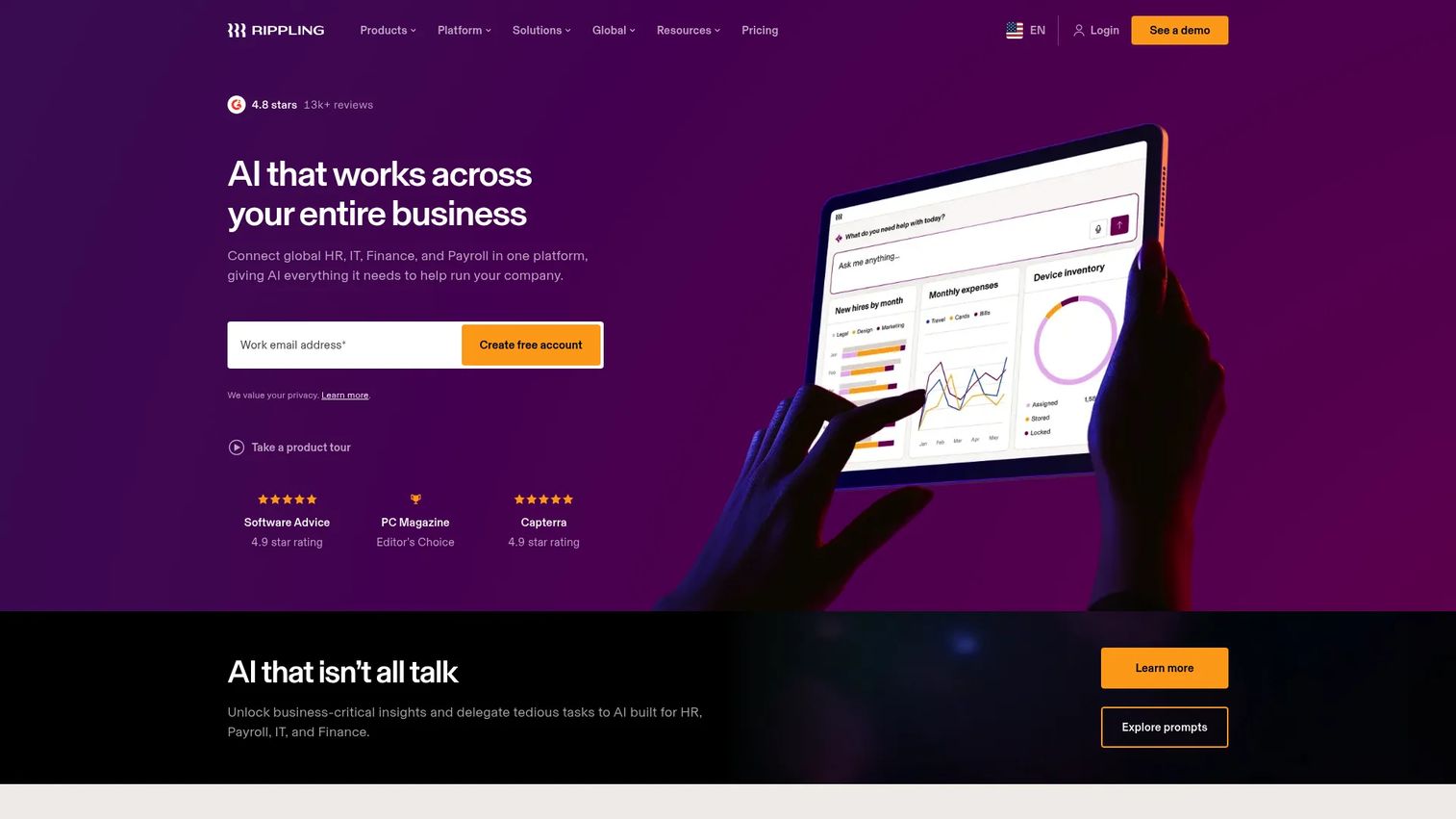 Rippling workforce management platform homepage