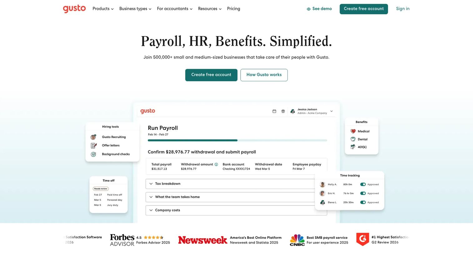 Gusto payroll and people platform homepage