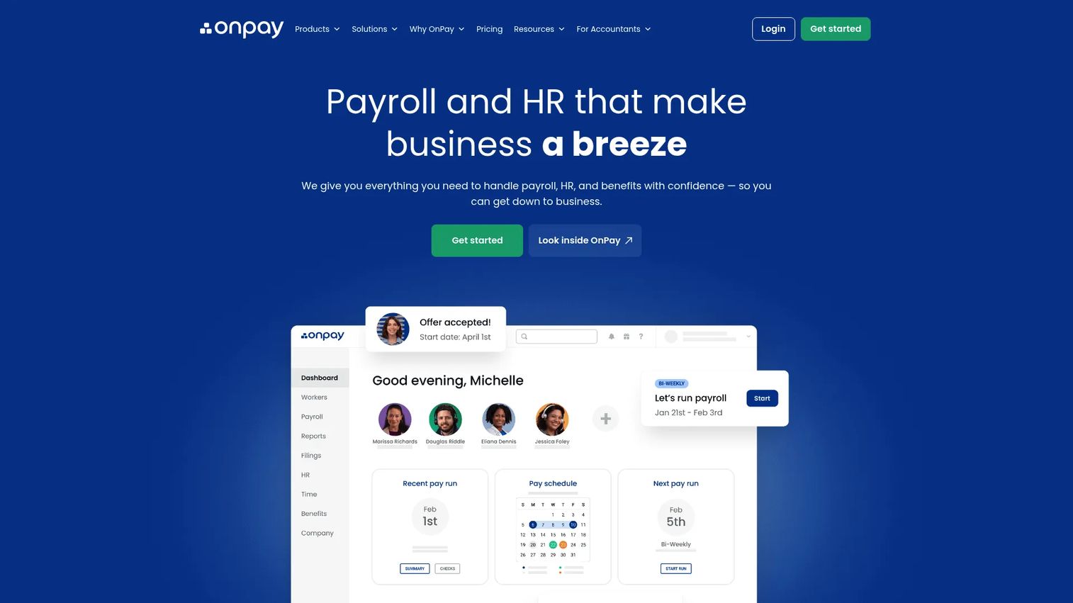 OnPay payroll, HR, and benefits software homepage
